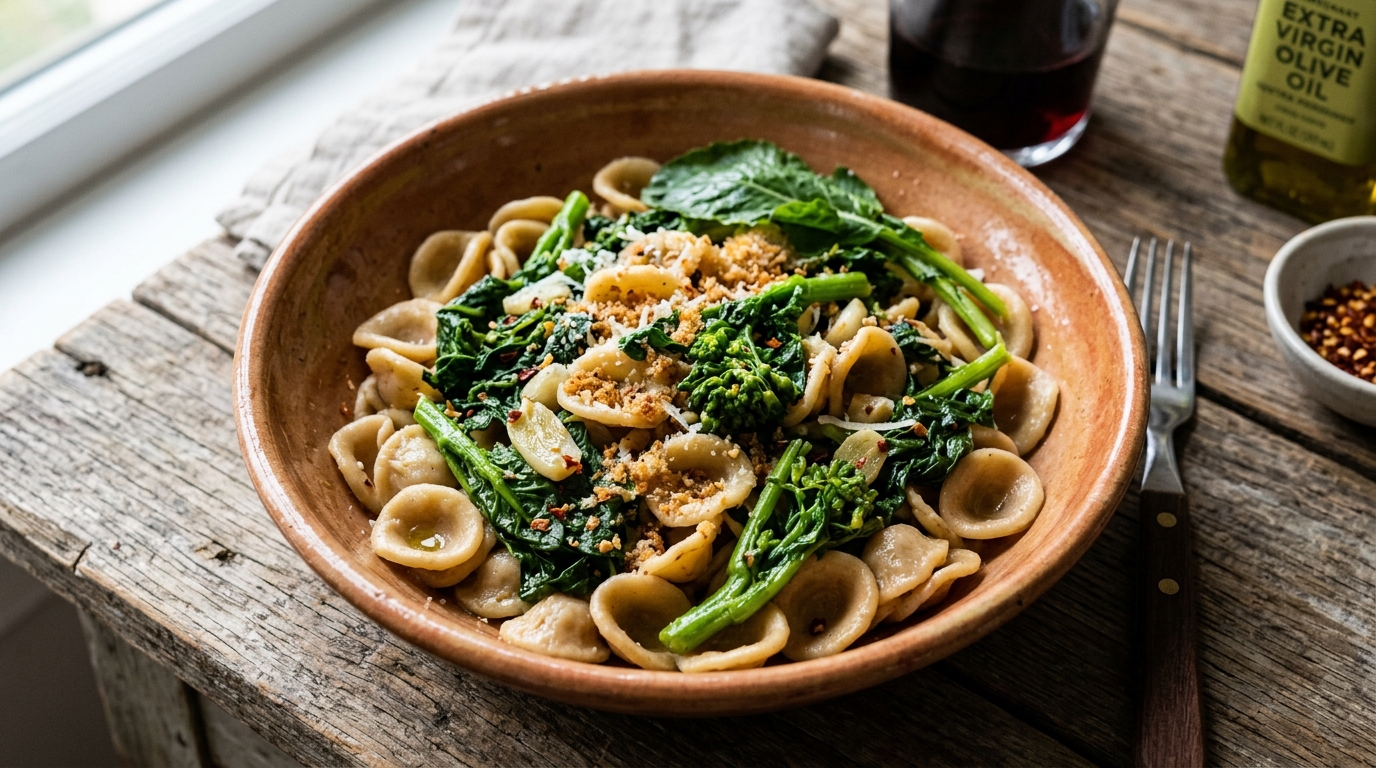 Assiette d'orecchiette aux cime di rapa sur une nappe écrue, table du Vieux-Nice