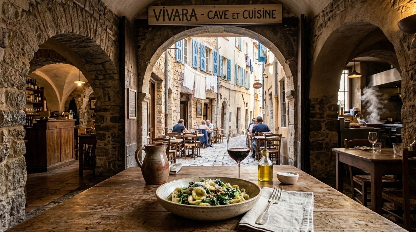 Salle voûtée du Vieux-Nice aux murs ocre, tables en bois et cuisine ouverte